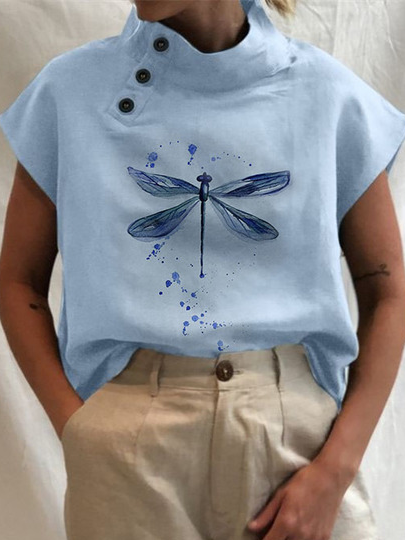 Casual Dragonfly Cotton-Blend Loose Top, Blue, Tops