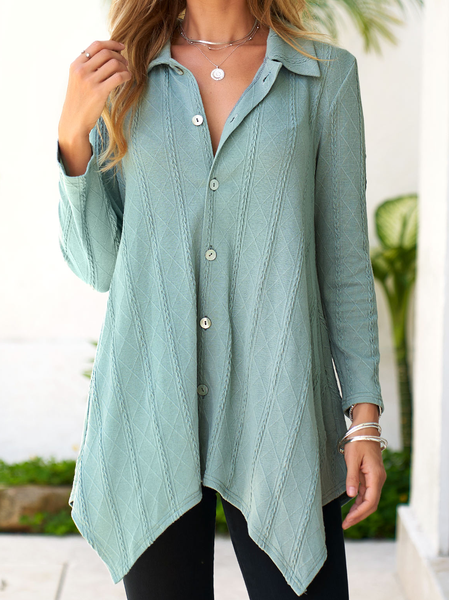 Loose Shirt Collar Plain Casual Blouse, Green, Shirts & Blouses