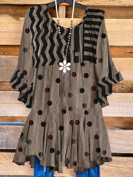 Casual Loose Crew Neck Color Block Top, Brown, Tunics