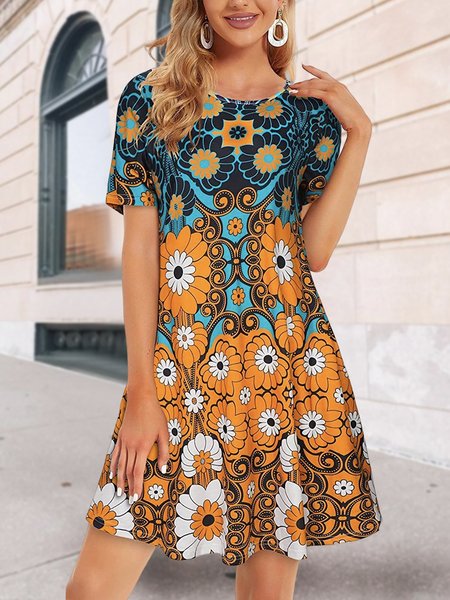 Geometric Loose Boho Crew Neck Dress, Multicolor, Dresses