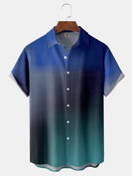 Gradient Stripe Chest Pocket Short Sleeve Casual Shirt, Blue, Men Shirts