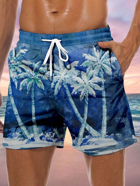 Coconut Tree Drawstring Beach Shorts, Blue, Men's shorts