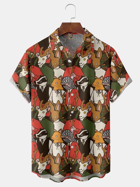 Animal Chest Pocket Short Sleeve Casual Shirt, Coffee, Men Shirts