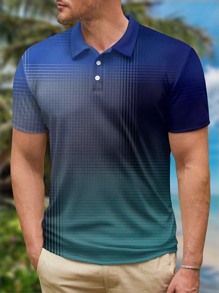 Ombre Abstract Line Button Short Sleeve Polo Shirt, Blue, Polo Shirts