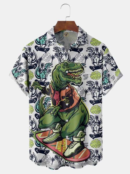 Dinosaur Chest Pocket Short Sleeve Hawaiian Shirt, White, Men Shirts