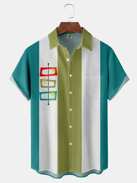 Mid Century Geometry Chest Pocket Short Sleeve Bowling Shirt, Green, Men Shirts
