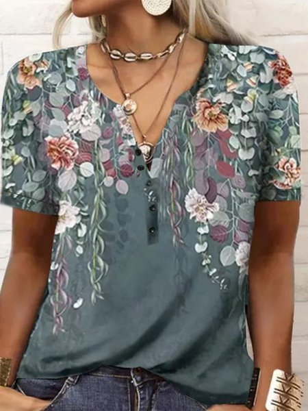 Floral Regular Fit V Neck Casual T-Shirt, Blue, T-Shirts