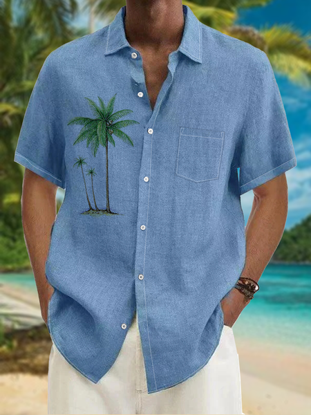 Coconut Tree Chest Pocket Short Sleeve Hawaiian Shirt, Blue, Men Shirts