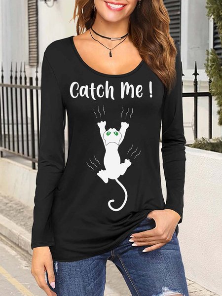 Knitted Cat Casual Regular Fit T-Shirt, Black, T-Shirts