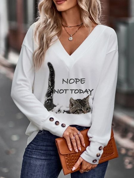 Loose Vacation V Neck Text Letters Top, White, Tops