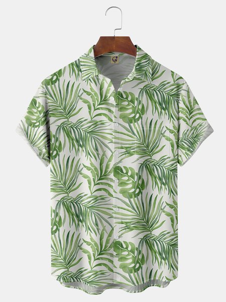 Monstera Deliciosa Chest Pocket Short Sleeve Hawaiian Shirt, Green, Men Shirts