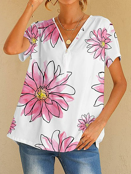 Casual Floral V Neck Loose T-Shirt, White, Tops