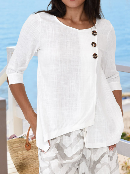

Women Three Quarter Sleeve Asymmetrical Irregular Hem Button Plain Summer Linen Tunic, White, Tunics