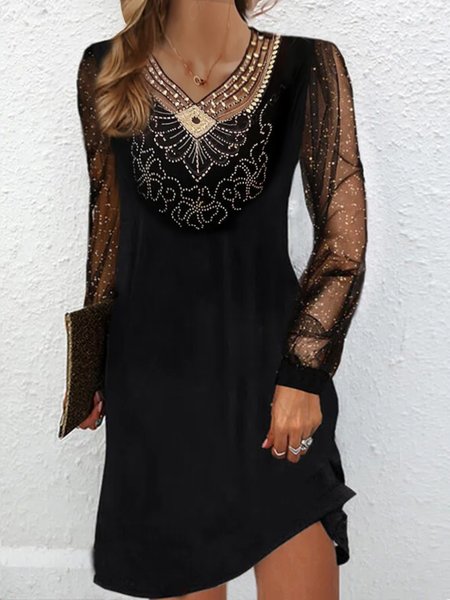 Plain Loose V Neck Urban Dress, Black, Dresses