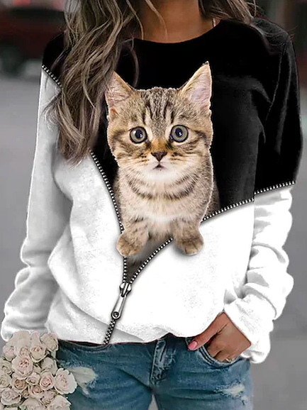 Casual Crew Neck Loose Color Block Top, Black, T-Shirts