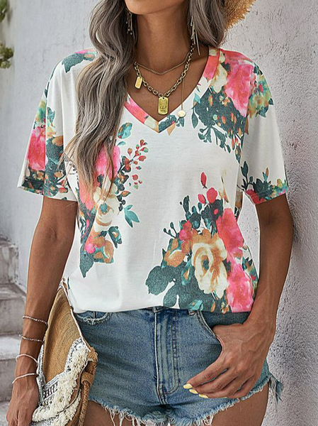 Loose Casual Floral V Neck T-Shirt, White, T-Shirts