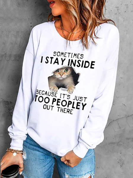 Crew Neck Casual Loose Cat T-Shirt, White, T-Shirts