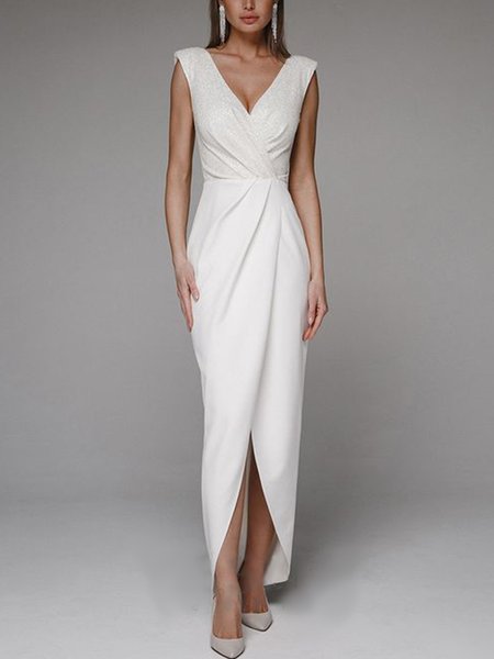 V Neck Plain Glitter Elegant Regular Fit Micro-Elasticity Party Dress, White, Maxi Dresses
V Neck Plain Glitter Elegant Regular Fit Micro-Elasticity Party Dress, White, Maxi Dresses