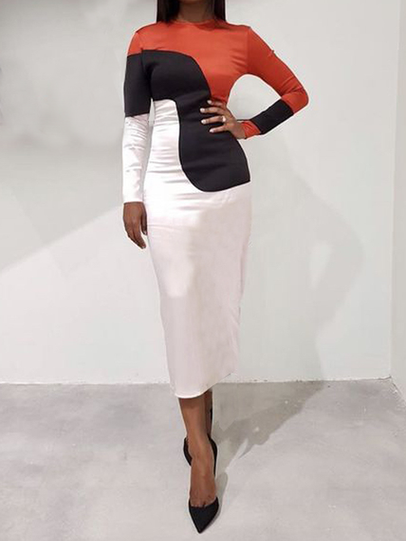 Elegant Crew Neck Long sleeve Long Dress, Multicolor, Midi Dresses