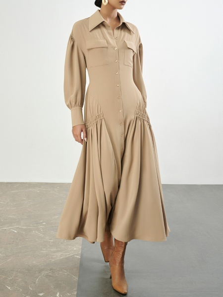 Khaki Folded Collar Dress, Midi Dresses