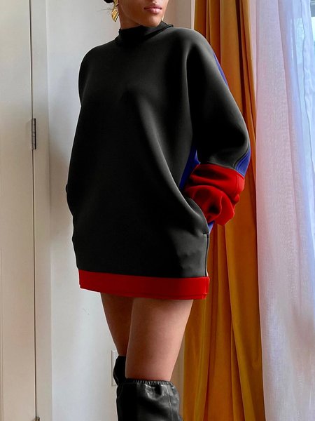 Loose Urban Color Block Long Sleeve Sweatshirt, Black, Hoodies and Sweatshirts