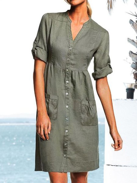 Loose V Neck Casual Plain Dress, Army green, Dresses