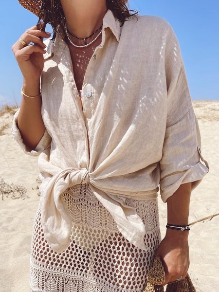 Shirt Collar Plain Buttoned Vacation Jacket, Apricot, Blouses & Shirts