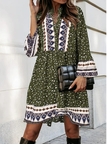 Loose Casual V Neck Polka Dots Dress, Green, Mini Dresses