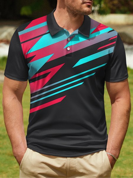 Ombre Abstract Geometric Button Short Sleeve Polo Shirt, Black, Polo Shirts