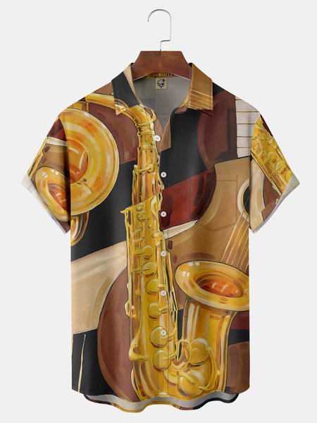 Music Saxophone Chest Pocket Short Sleeve Casual Shirt, Brown, Men Shirts