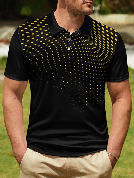 Gradient Abstract Polka Dot Button Short Sleeve Polo Shirt, Black, Polo Shirts