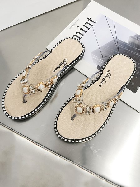 Beaded Diamond Flip Flops, Golden, swimwear>>Beach Accessories