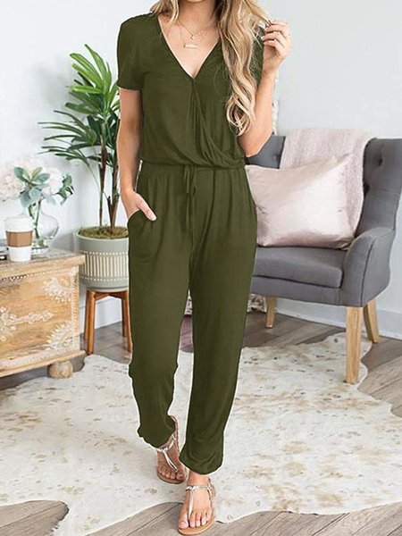 Loose Plain Casual V Neck Jumpsuit & Romper, Green, Jumpsuits&Rompers