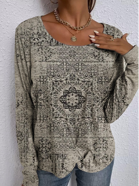 Loose Ethnic Casual Crew Neck T-Shirt, Multicolor, T-Shirts