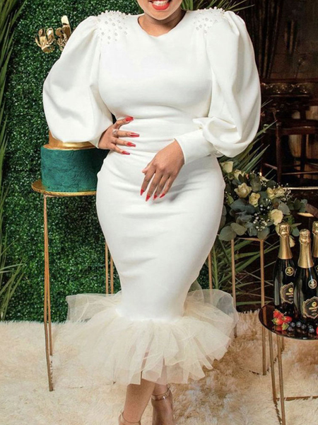 Regular Fit Elegant Plain Crew Neck Party Dress, White, Midi Dresses