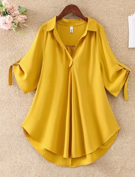Loose Shirt Collar Casual Top, Yellow, Blouses & Shirts