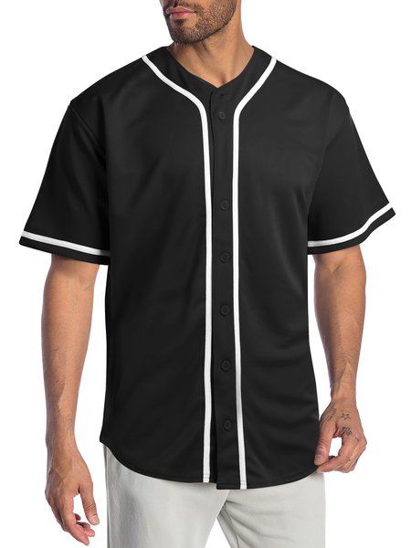 Color Block Short Sleeve Baseball Shirt, Black, Men Shirts