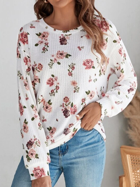 Crew Neck Casual Cotton-Blend Floral Top, White, Shirts & Blouses