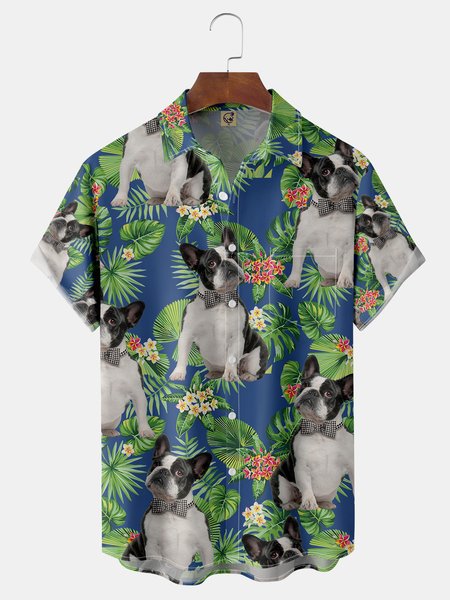 Funny Dogs Chest Pocket Short Sleeve Hawaiian Shirt, Blue, Men Shirts