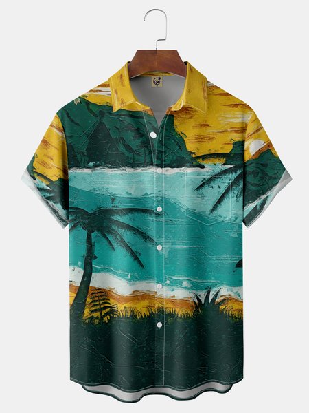 Palm Tree Oil Painting Chest Pocket Short Sleeve Hawaiian Shirt, Green, Men Shirts