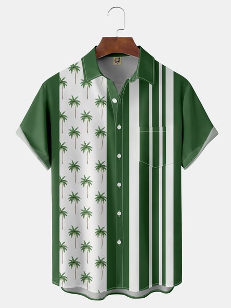Coconut Tree Chest Pocket Short Sleeve Hawaiian Shirt, Green, Men Shirts