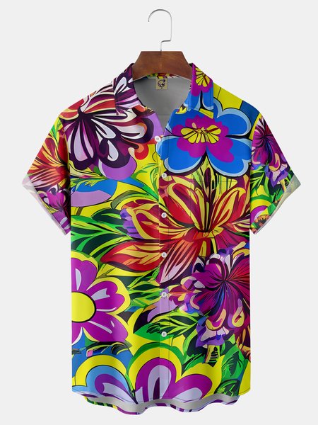 Floral Chest Pocket Short Sleeve Hawaiian Shirt, Yellow, Men Shirts