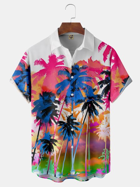 Coconut Tree Chest Pocket Short Sleeve Hawaiian Shirt, Red, Men Shirts