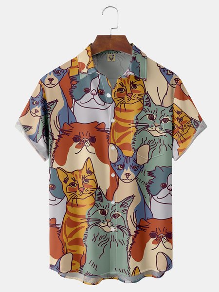 Animal Cat Chest Pocket Short Sleeve Casual Shirt, Yellow, Men Shirts