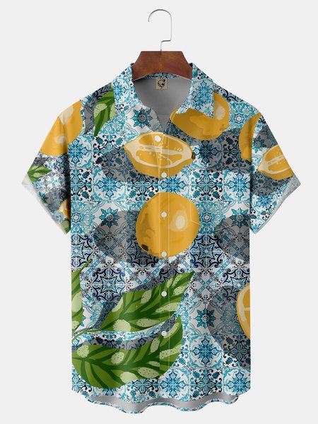 Lemon Fruit Chest Pocket Short Sleeve Hawaiian Shirt, Blue, Men Shirts
