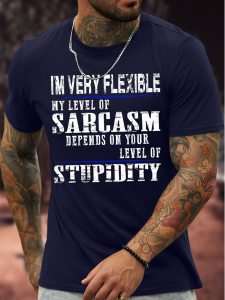 

Men's I Am Very Flexible My Level Of Sarcasm Depends On Your Stupidity Funny Graphic Print Casual Cotton Text Letters Crew Neck T-Shirt, Purplish blue, T-shirts