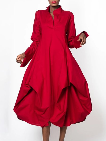 Midi Elegant Plain Regular Fit Long sleeve Dress, Red, Midi Dresses