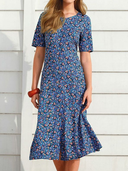 Floral Regular Fit Casual Crew Neck Dress, Blue, Dresses