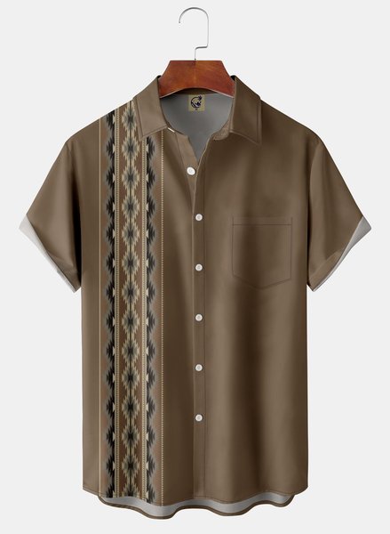 Ethenic Chest Pocket Short Sleeve Bowling Shirt, Coffee, Men Shirts