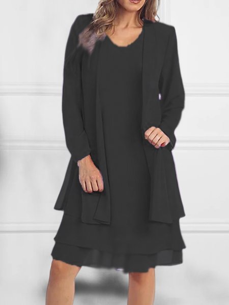 Loose Crew Neck Casual Plain Two-Piece Set, Black, Mini Dresses